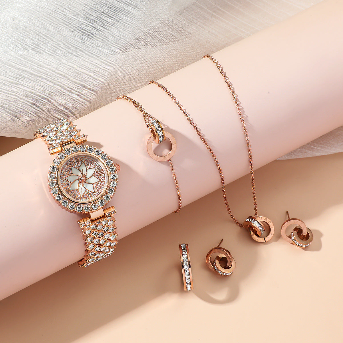 Fashion Wristwatch Women Ring Necklace Earring Bracelets Jewelry Gift Set For Ladies