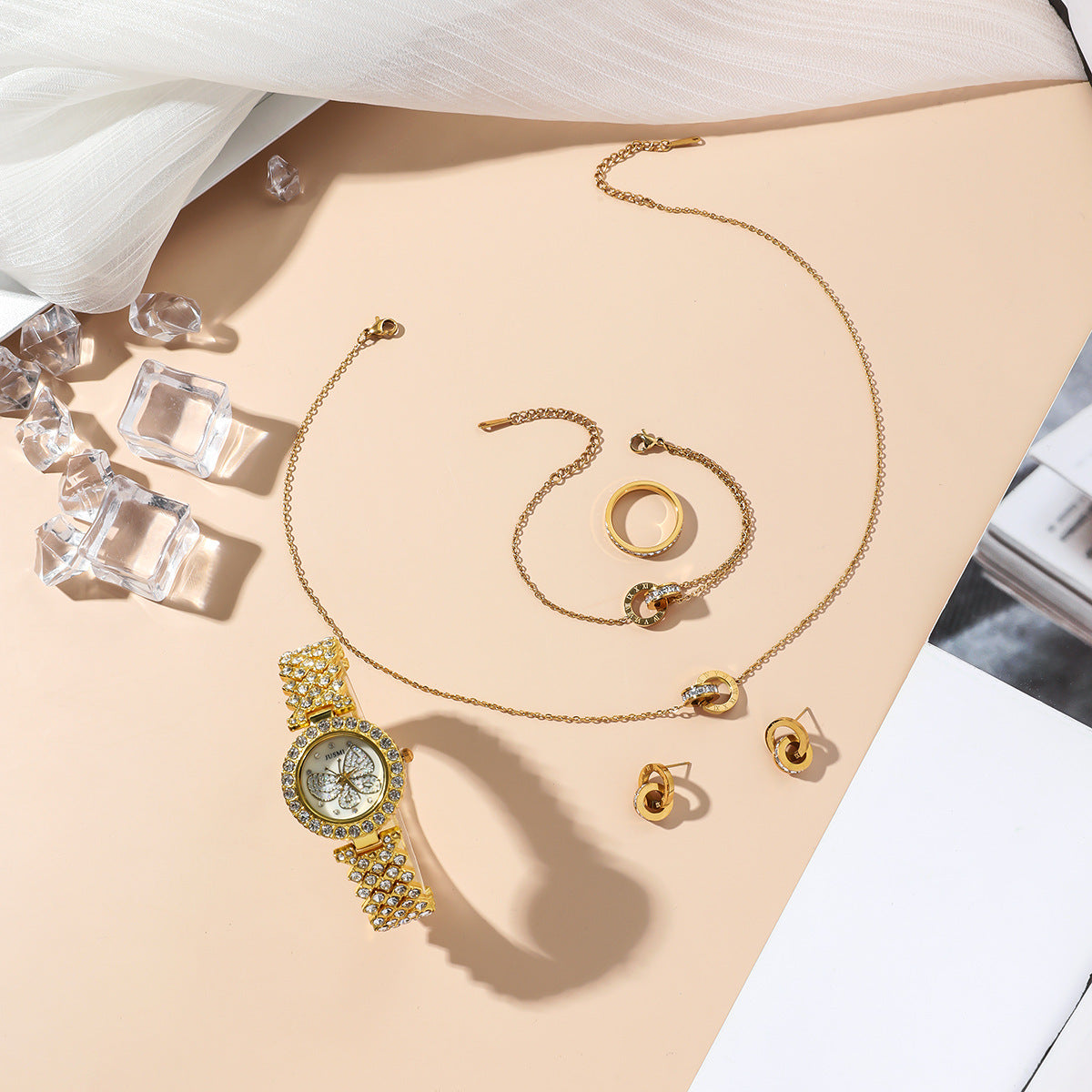 Fashion Wristwatch Women Ring Necklace Earring Bracelets Jewelry Gift Set For Ladies