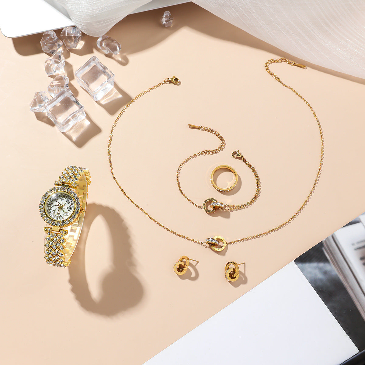 Fashion Wristwatch Women Ring Necklace Earring Bracelets Jewelry Gift Set For Ladies