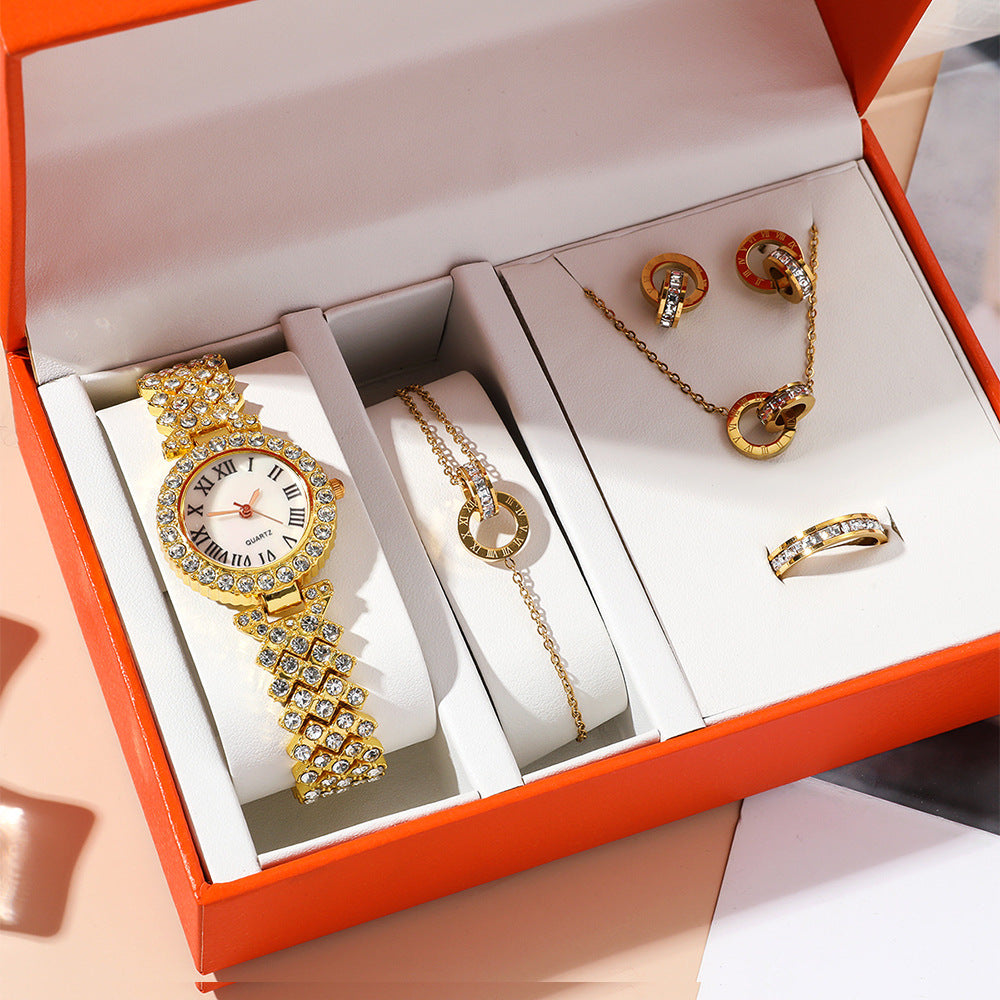 Fashion Wristwatch Women Ring Necklace Earring Bracelets Jewelry Gift Set For Ladies