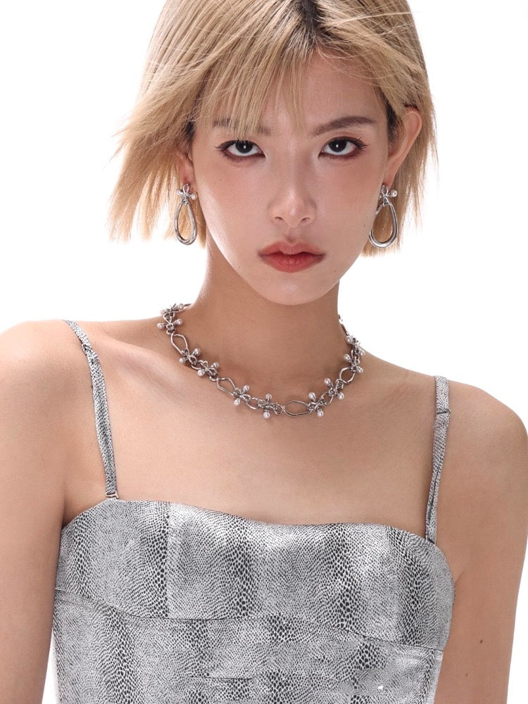 Cross Series Pearl Double Layered Silver Earrings for Women