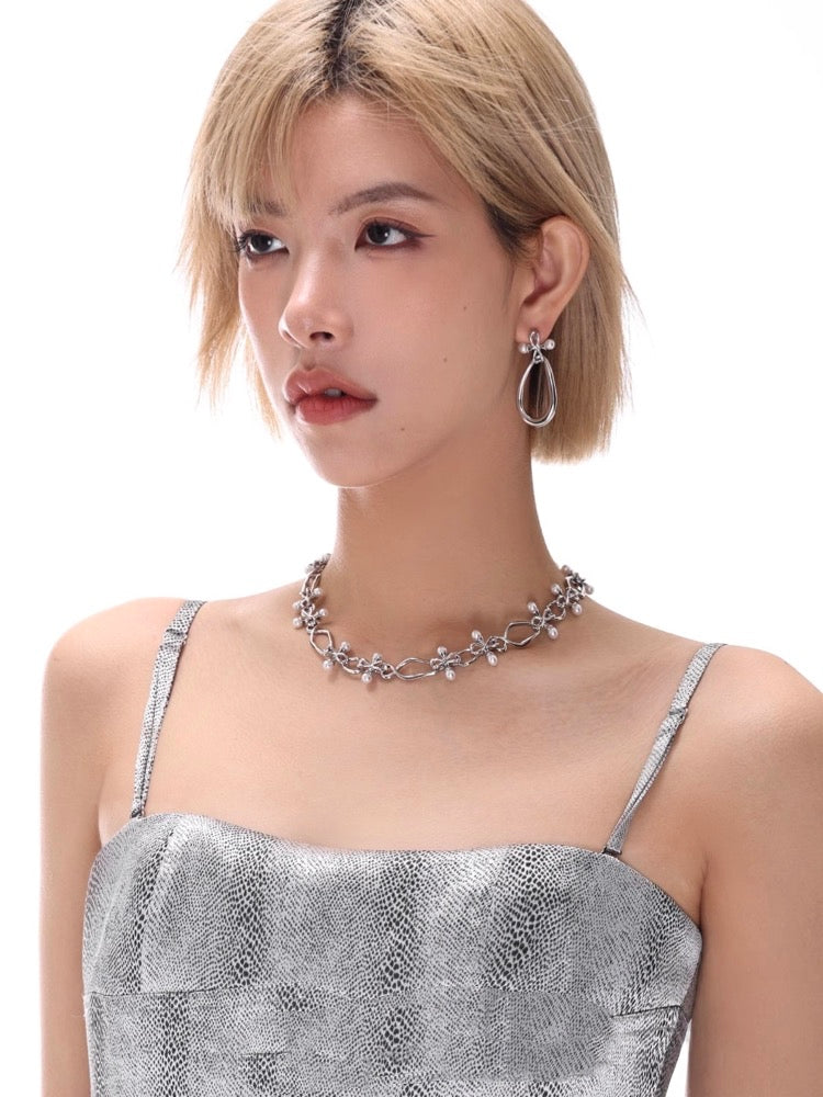 Cross Series Pearl Double Layered Silver Earrings for Women