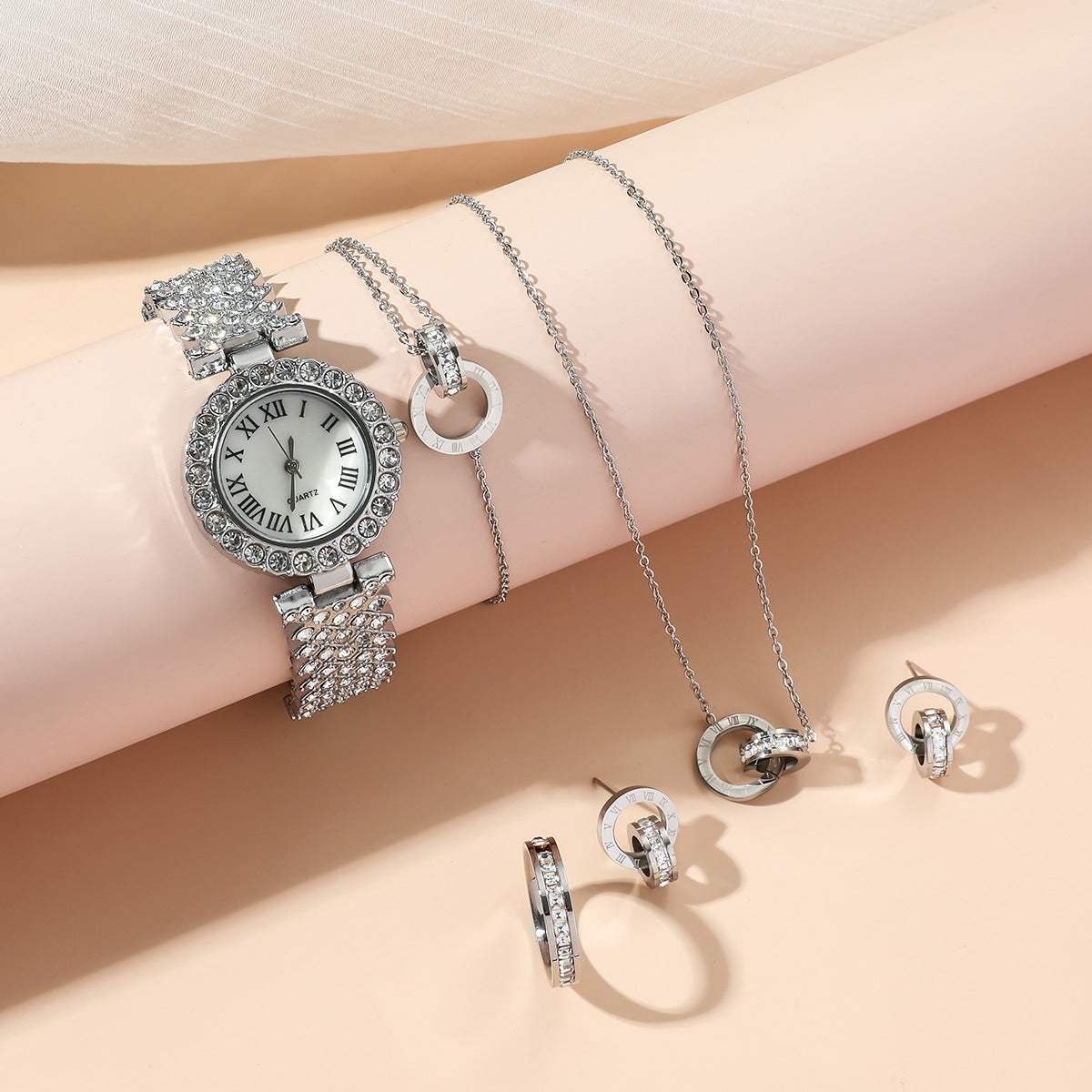 Fashion Wristwatch Women Ring Necklace Earring Bracelets Jewelry Gift Set For Ladies