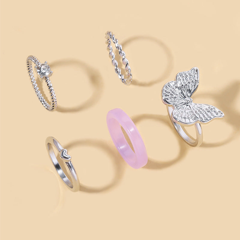 Silver Plated Butterfly 5-Piece Ring Sets for Women