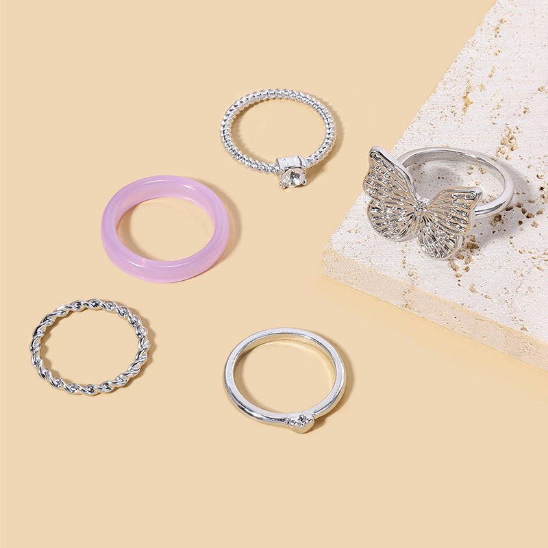 Silver Plated Butterfly 5-Piece Ring Sets for Women