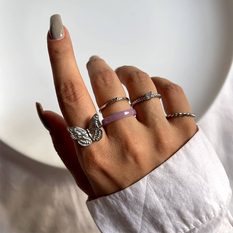 Silver Plated Butterfly 5-Piece Ring Sets for Women