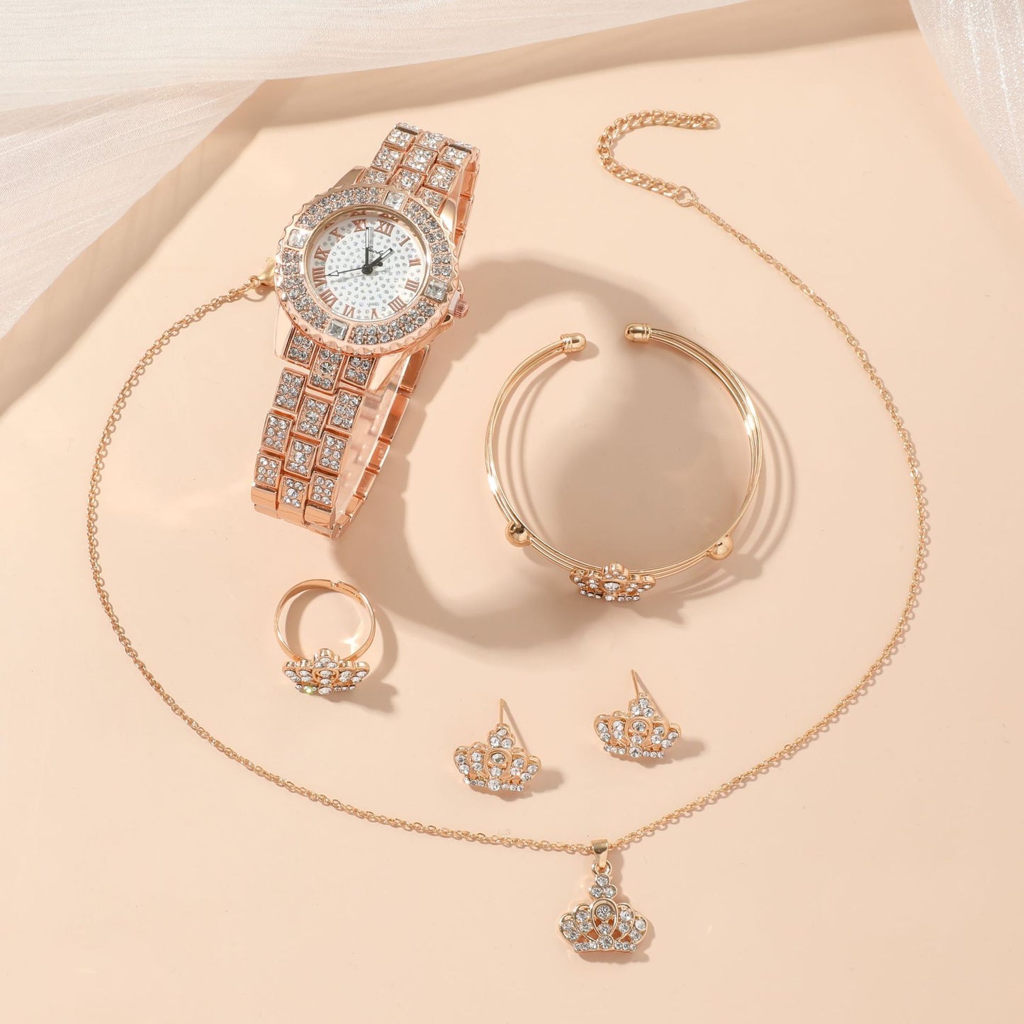 Diamond-studded Gypsophila Women's Steel Band Quartz Watch Set 5pcs/set Gifts For Women