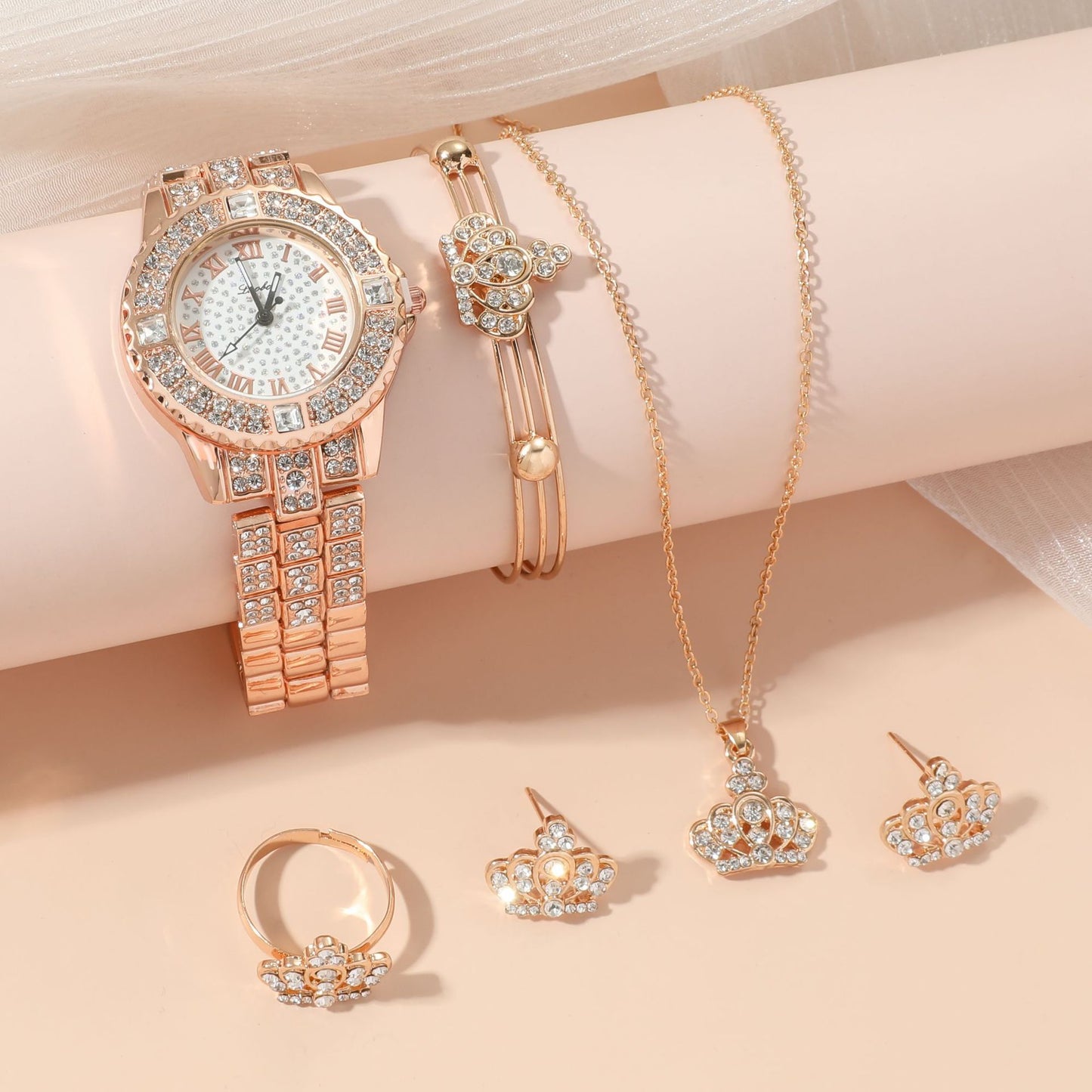 Diamond-studded Gypsophila Women's Steel Band Quartz Watch Set 5pcs/set Gifts For Women
