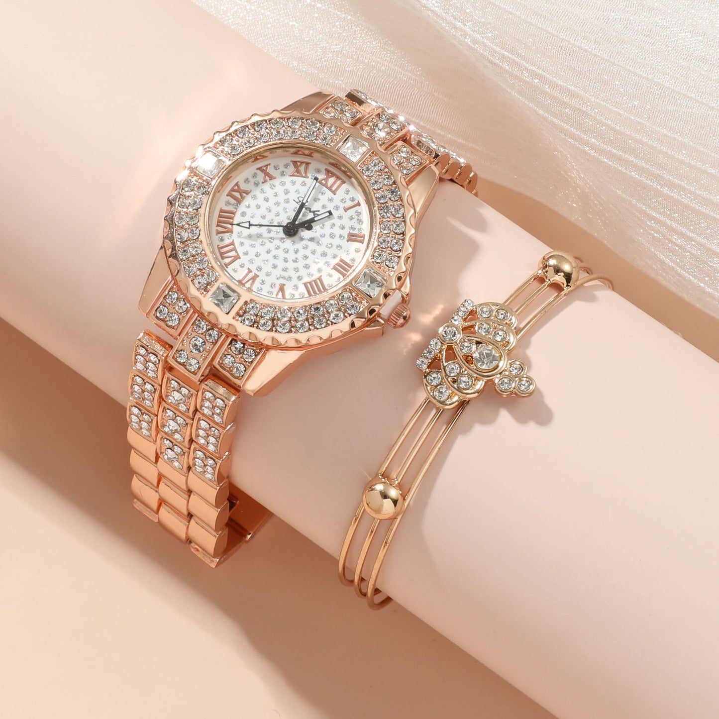 Diamond-studded Gypsophila Women's Steel Band Quartz Watch Set 5pcs/set Gifts For Women