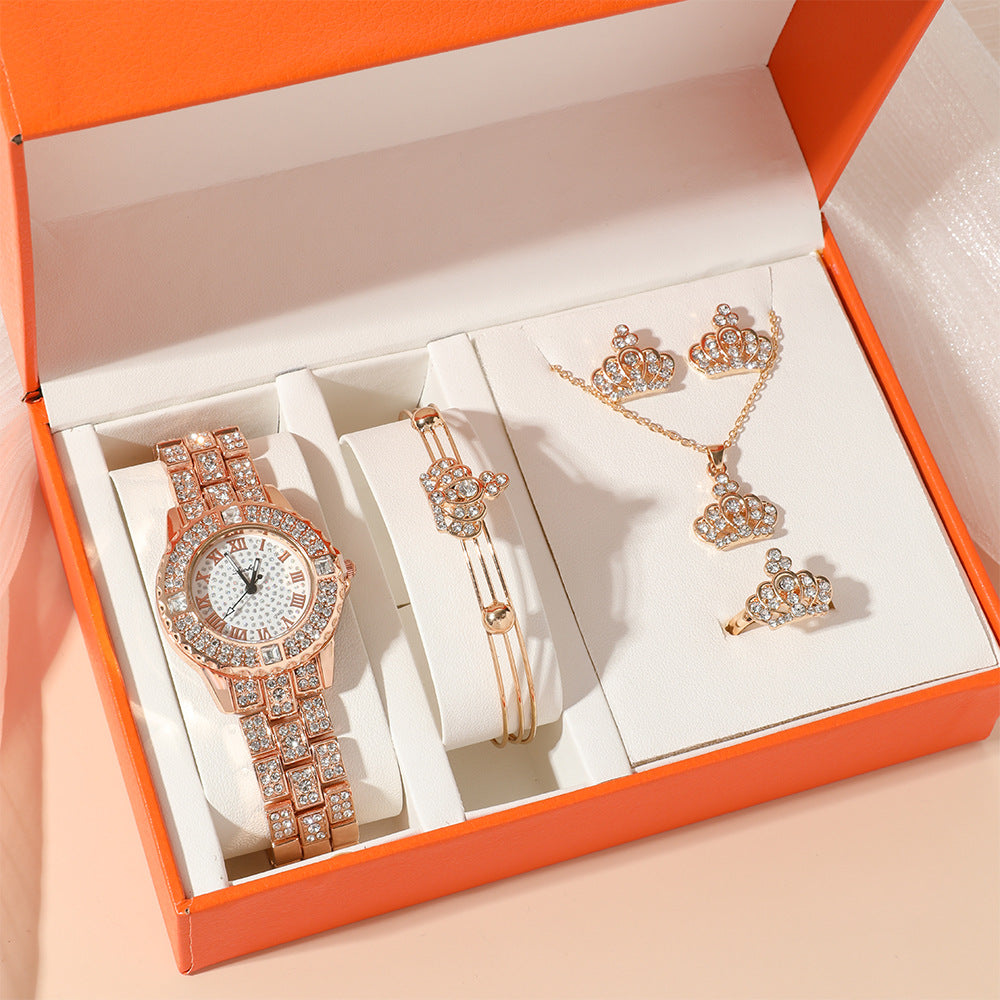 Diamond-studded Gypsophila Women's Steel Band Quartz Watch Set 5pcs/set Gifts For Women