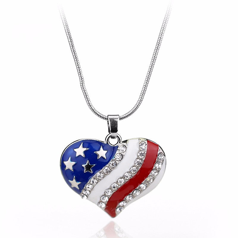 American Flag Heart & Star Necklace The Old Glory Crystal Necklace Women Gift