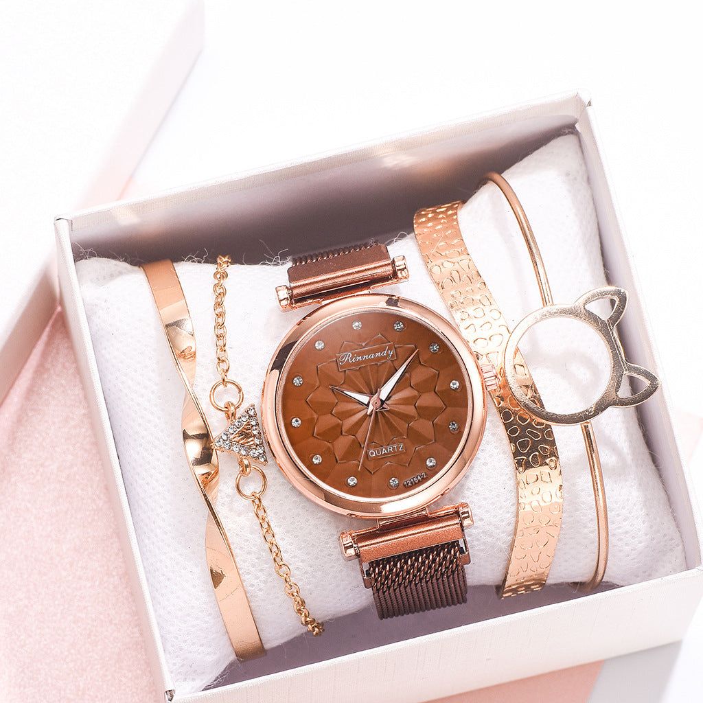 Flower Magnet Buckle Milanese Mesh Strap Watch Cat Ears Bracelet Set Gifts For Women