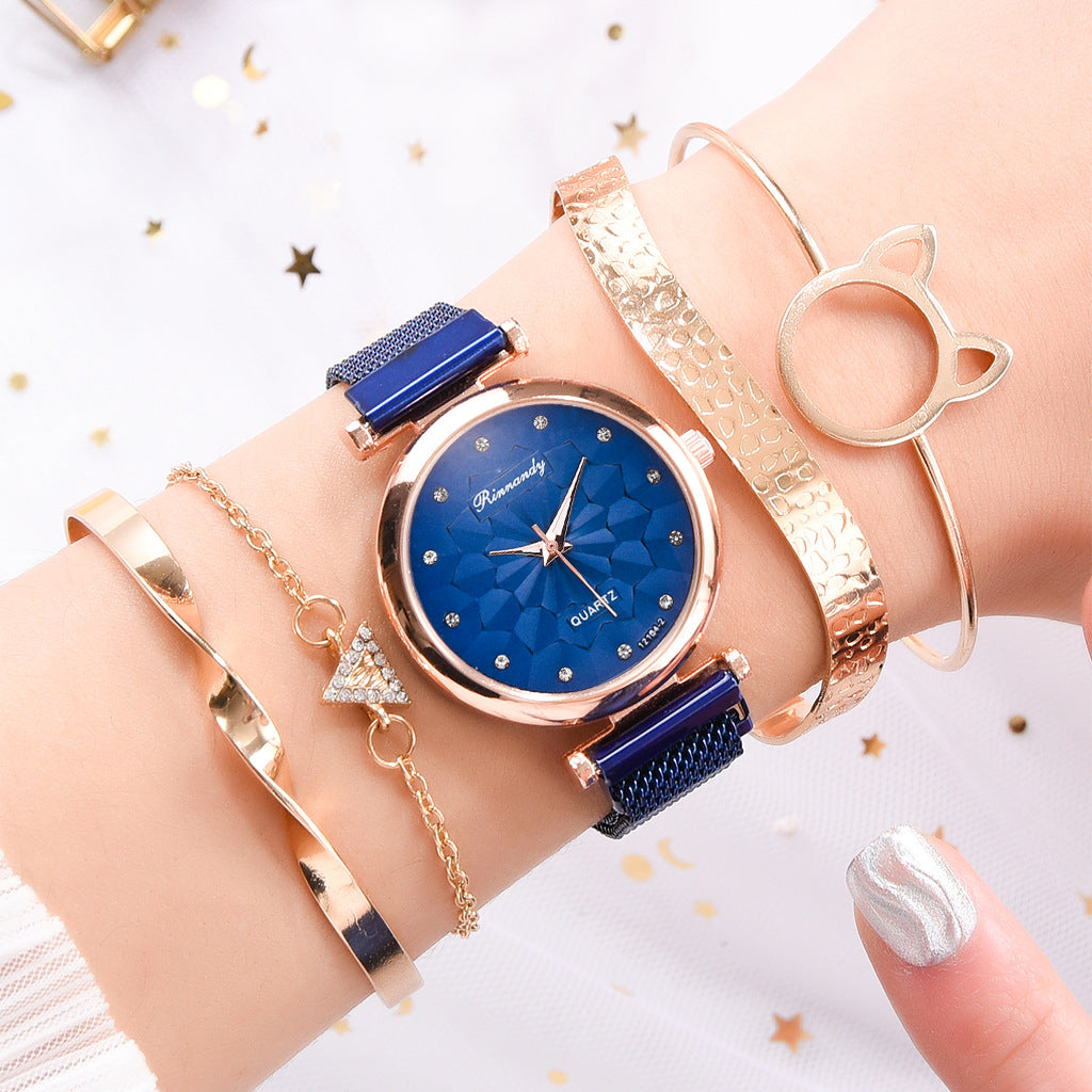 Flower Magnet Buckle Milanese Mesh Strap Watch Cat Ears Bracelet Set Gifts For Women