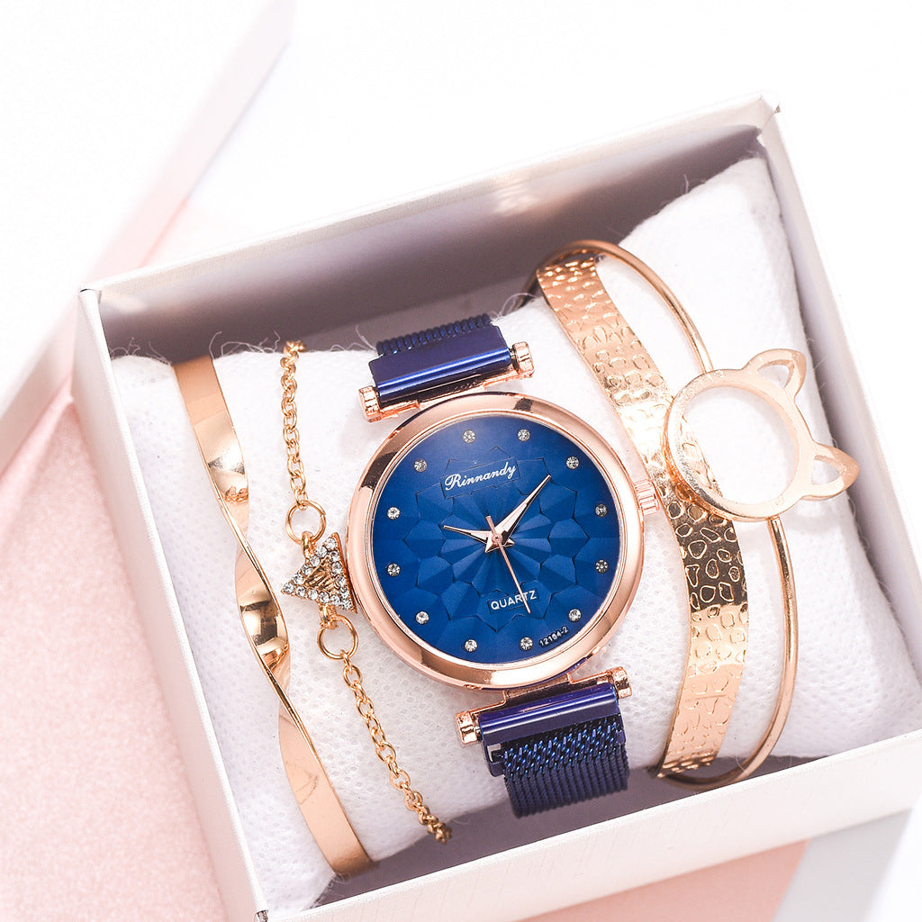 Flower Magnet Buckle Milanese Mesh Strap Watch Cat Ears Bracelet Set Gifts For Women