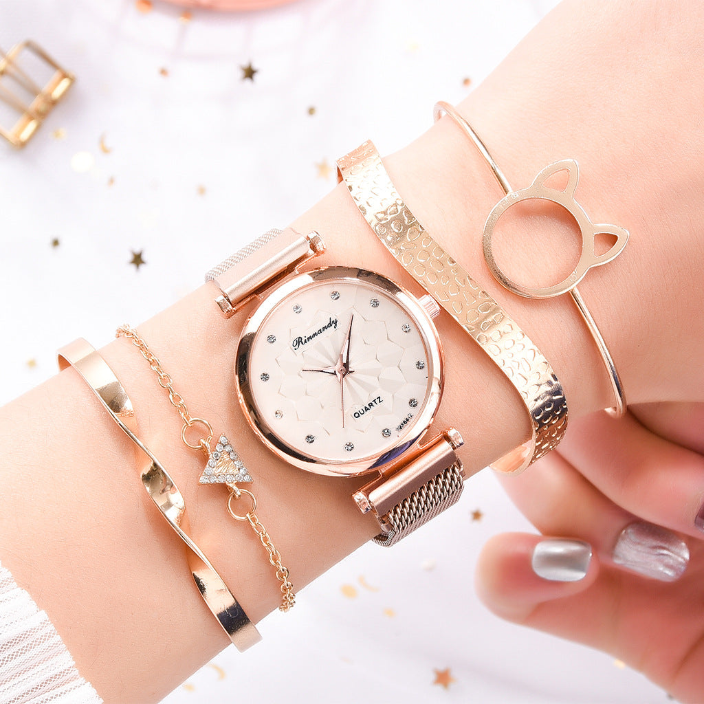 Flower Magnet Buckle Milanese Mesh Strap Watch Cat Ears Bracelet Set Gifts For Women