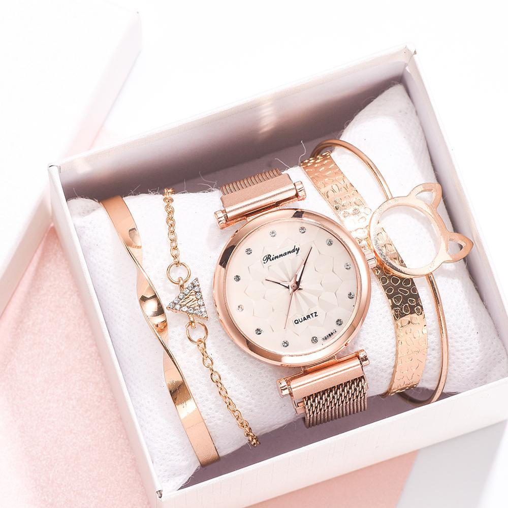 Flower Magnet Buckle Milanese Mesh Strap Watch Cat Ears Bracelet Set Gifts For Women