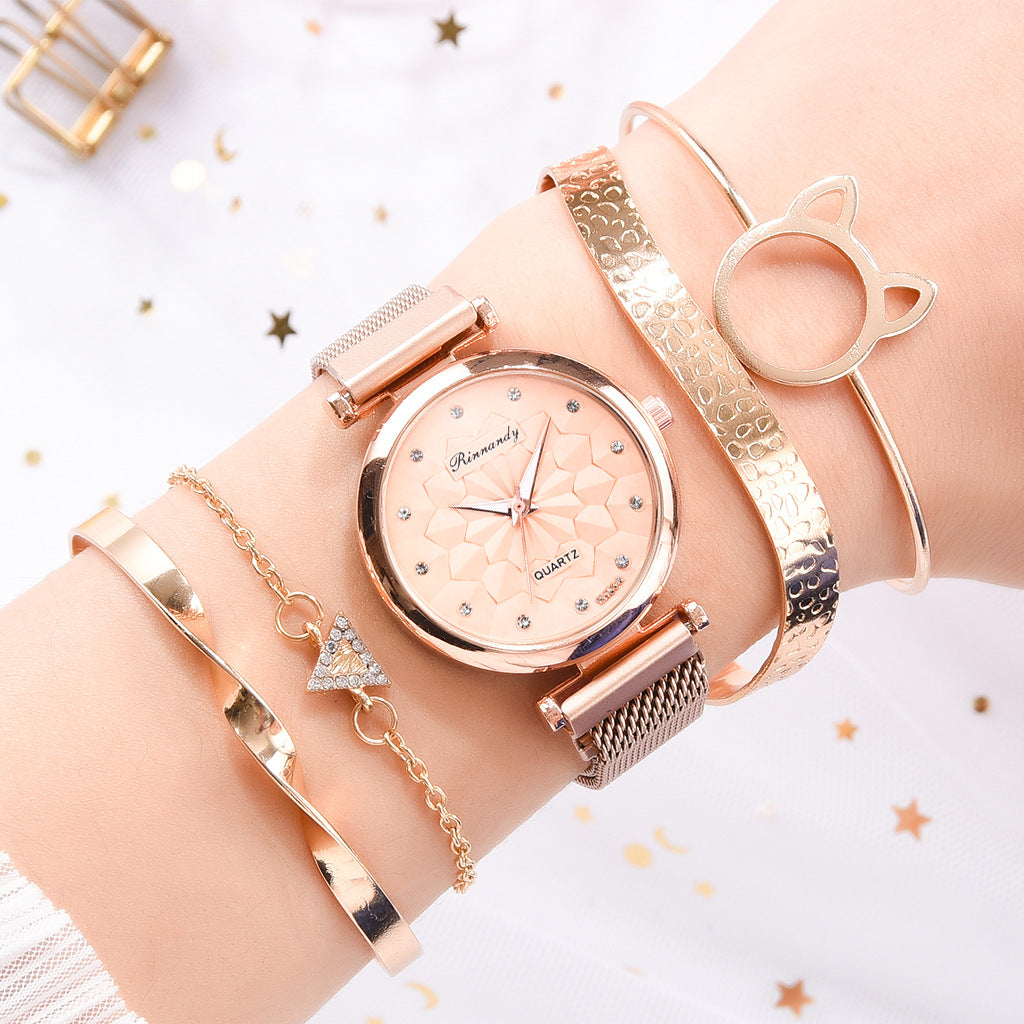 Flower Magnet Buckle Milanese Mesh Strap Watch Cat Ears Bracelet Set Gifts For Women
