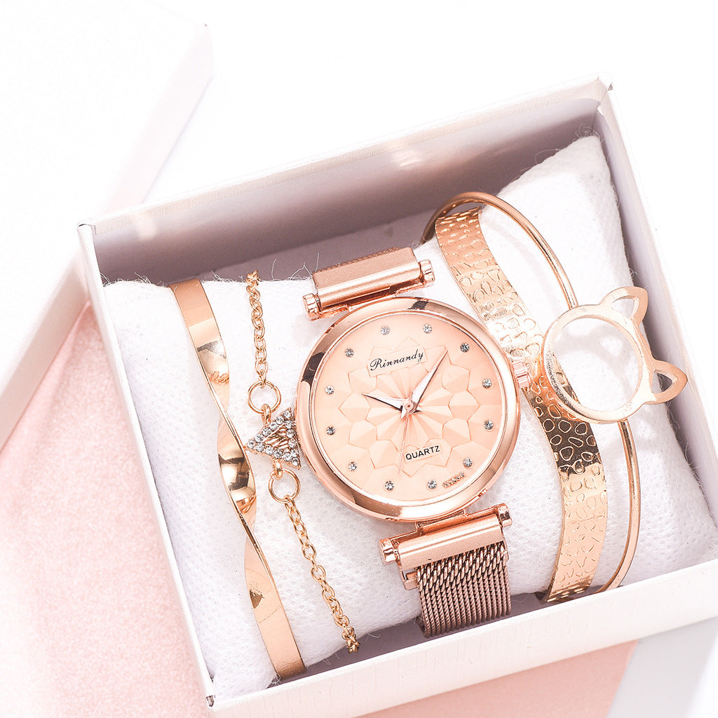 Flower Magnet Buckle Milanese Mesh Strap Watch Cat Ears Bracelet Set Gifts For Women