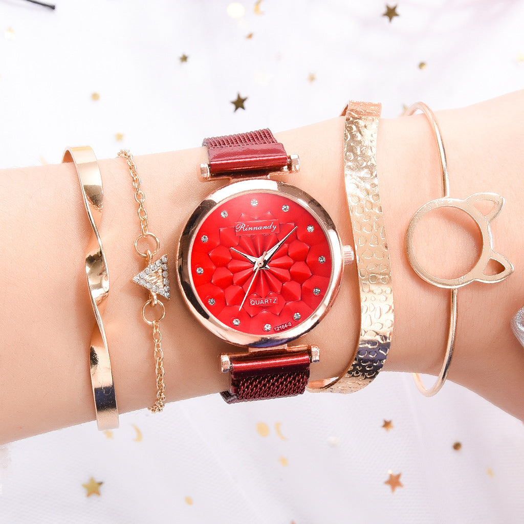 Flower Magnet Buckle Milanese Mesh Strap Watch Cat Ears Bracelet Set Gifts For Women