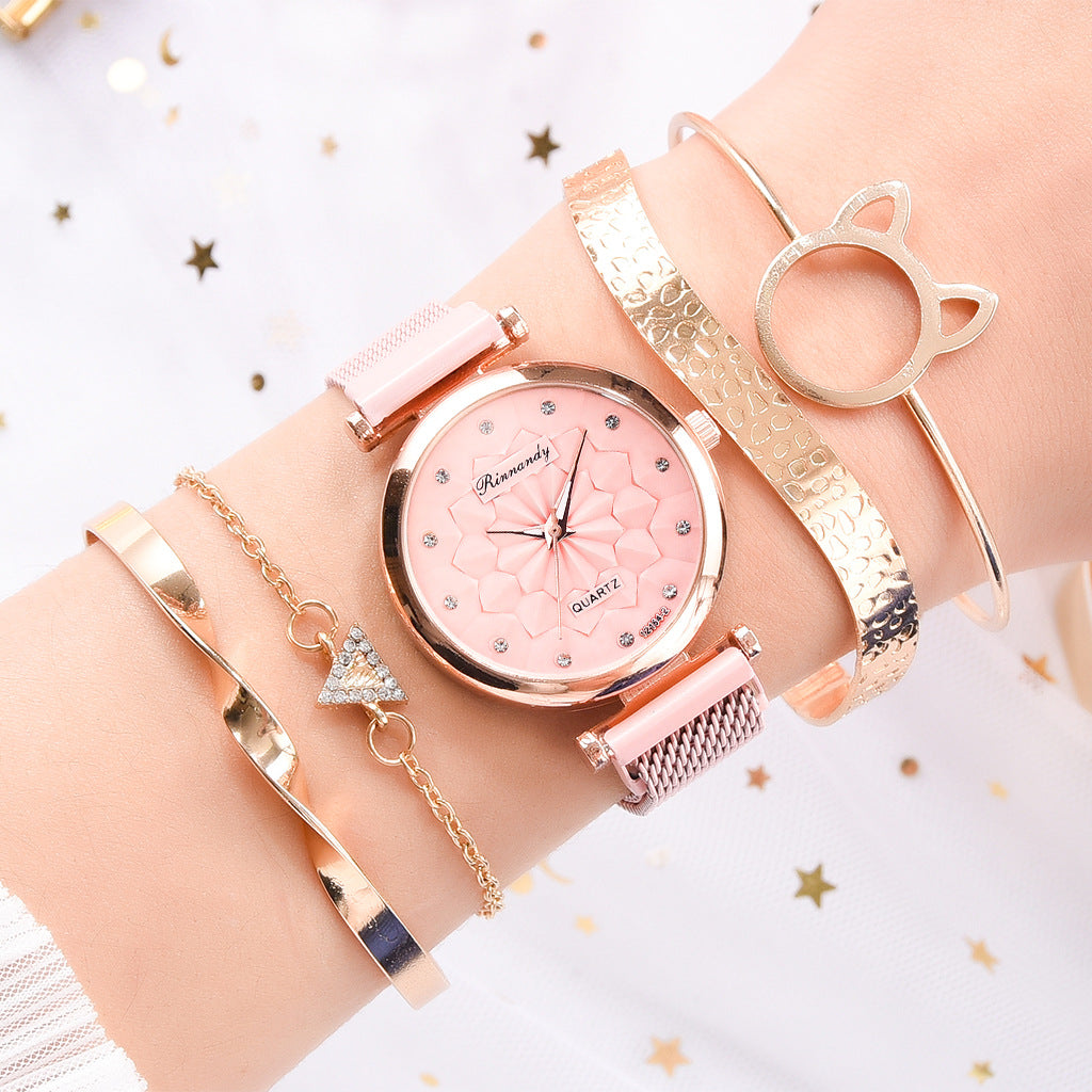 Flower Magnet Buckle Milanese Mesh Strap Watch Cat Ears Bracelet Set Gifts For Women