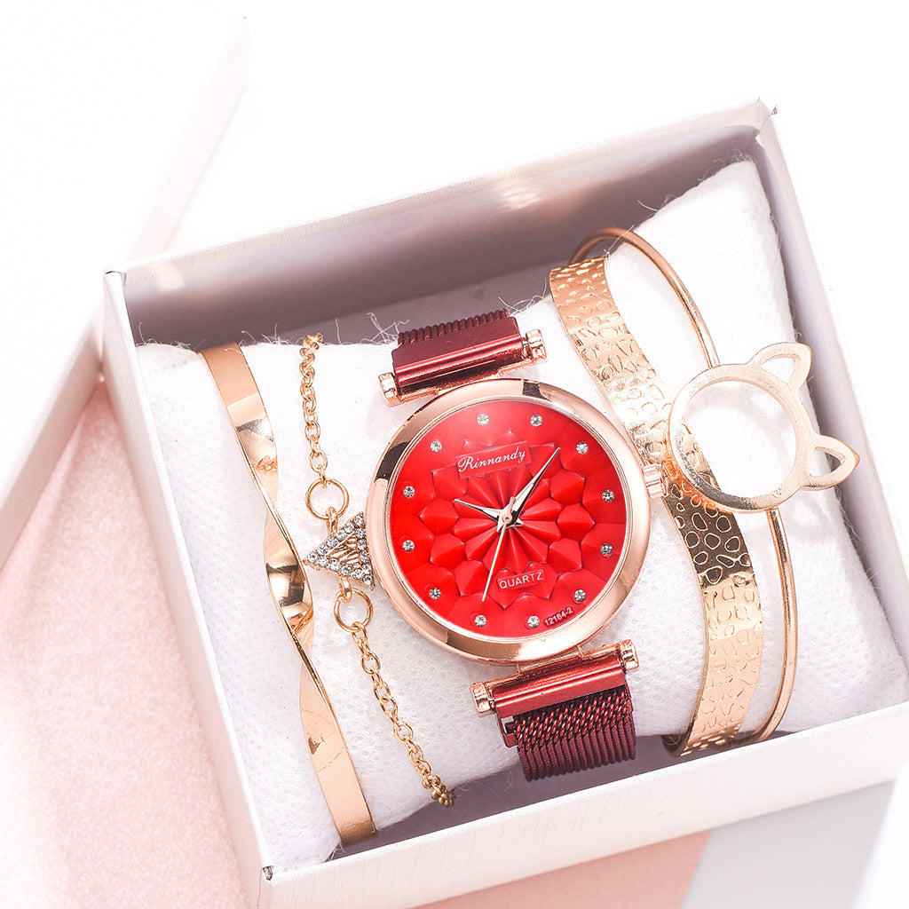 Flower Magnet Buckle Milanese Mesh Strap Watch Cat Ears Bracelet Set Gifts For Women