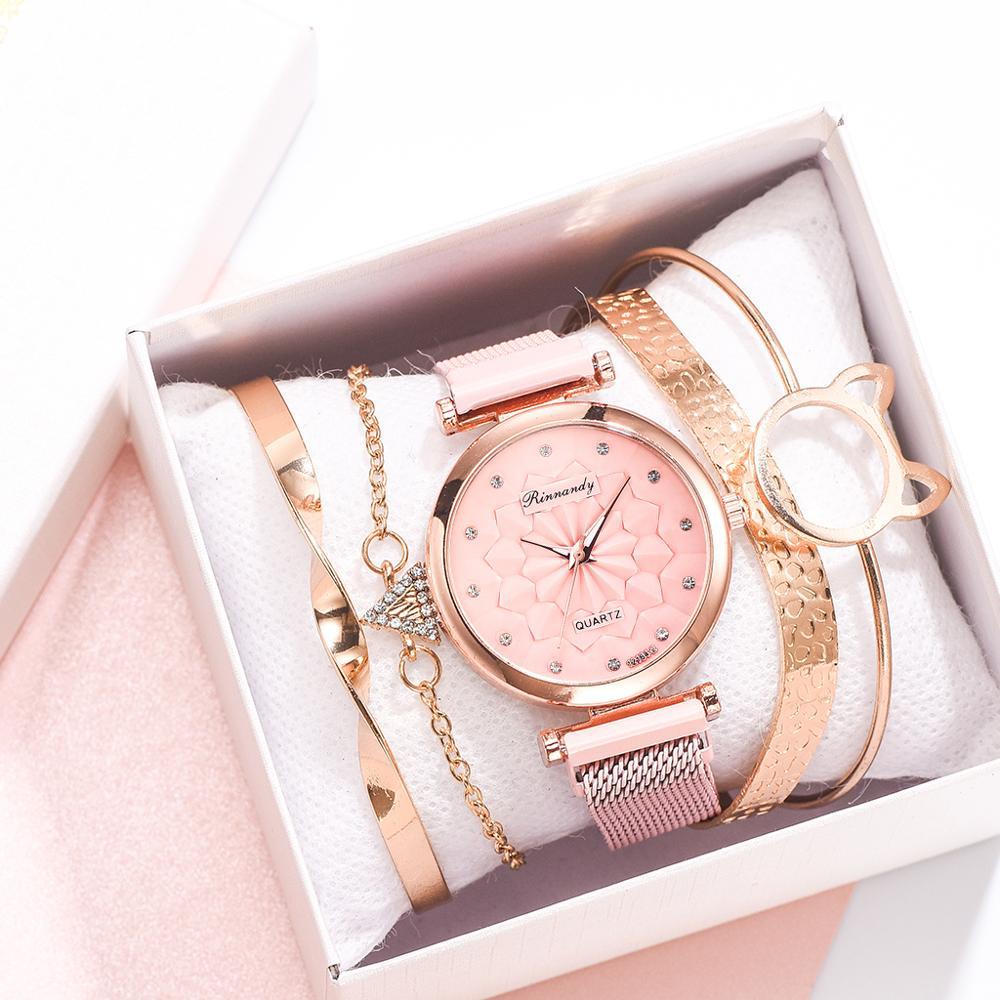 Flower Magnet Buckle Milanese Mesh Strap Watch Cat Ears Bracelet Set Gifts For Women