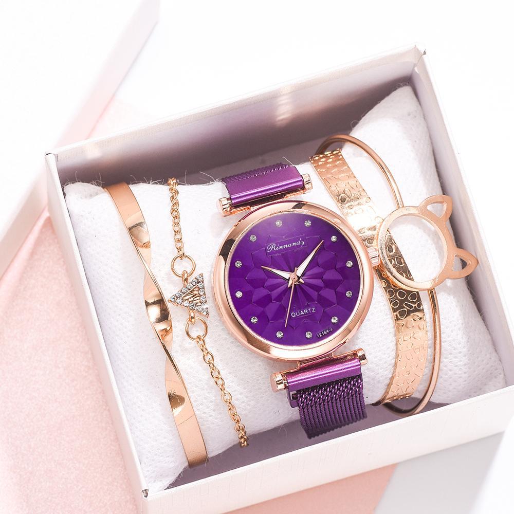 Flower Magnet Buckle Milanese Mesh Strap Watch Cat Ears Bracelet Set Gifts For Women