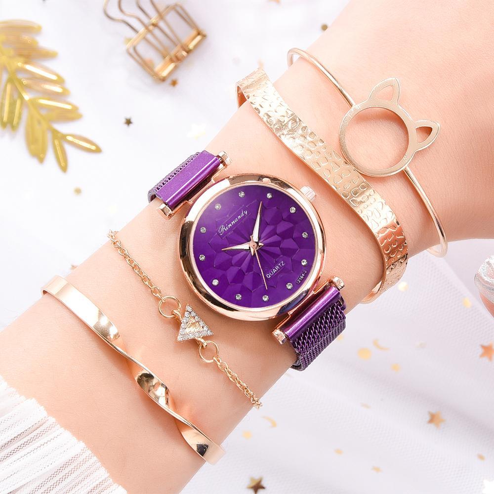 Flower Magnet Buckle Milanese Mesh Strap Watch Cat Ears Bracelet Set Gifts For Women