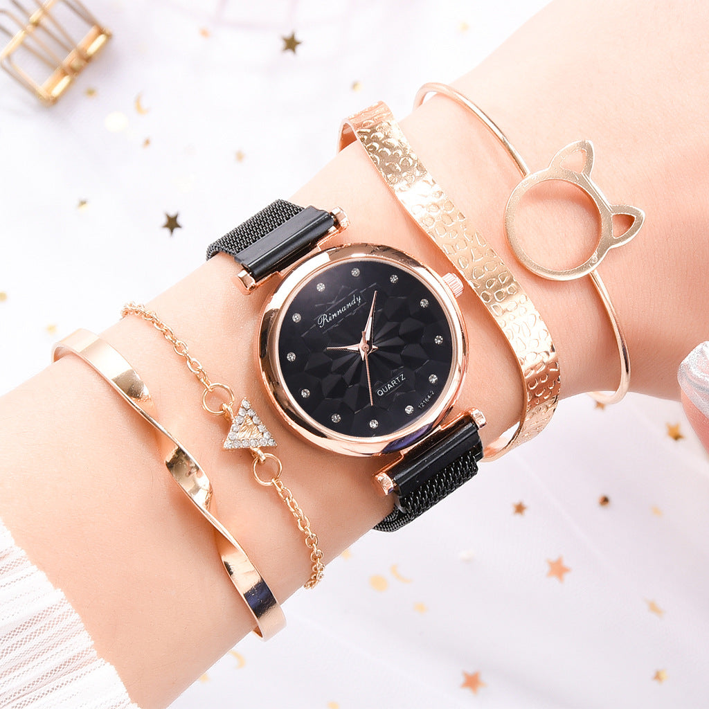 Flower Magnet Buckle Milanese Mesh Strap Watch Cat Ears Bracelet Set Gifts For Women