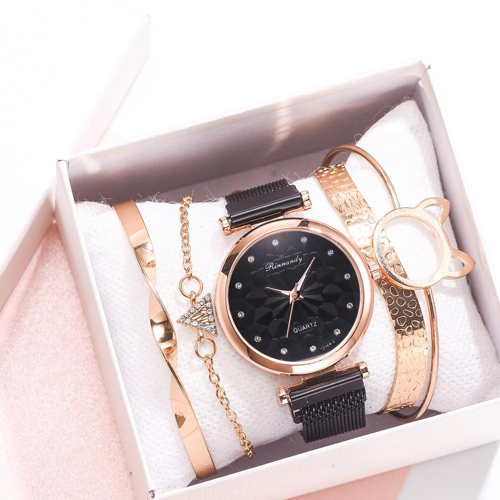 Flower Magnet Buckle Milanese Mesh Strap Watch Cat Ears Bracelet Set Gifts For Women