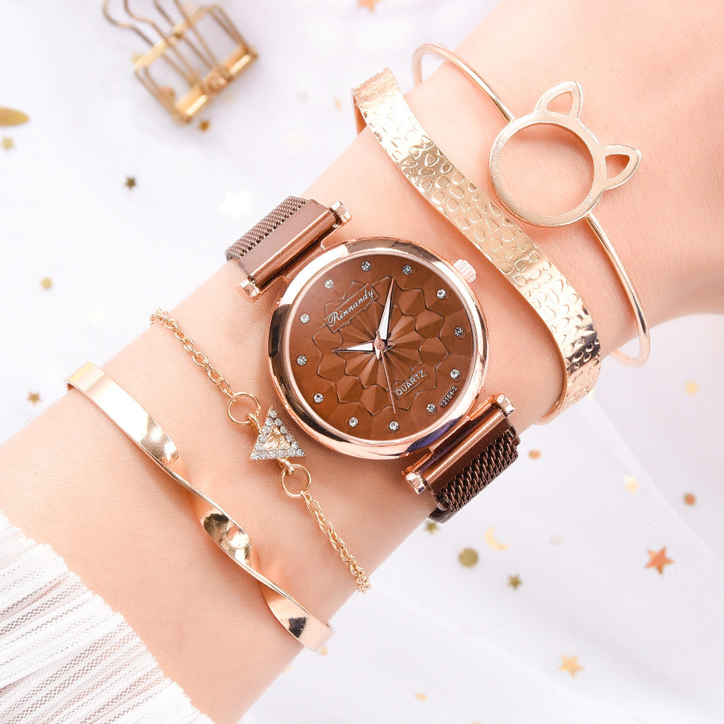 Flower Magnet Buckle Milanese Mesh Strap Watch Cat Ears Bracelet Set Gifts For Women