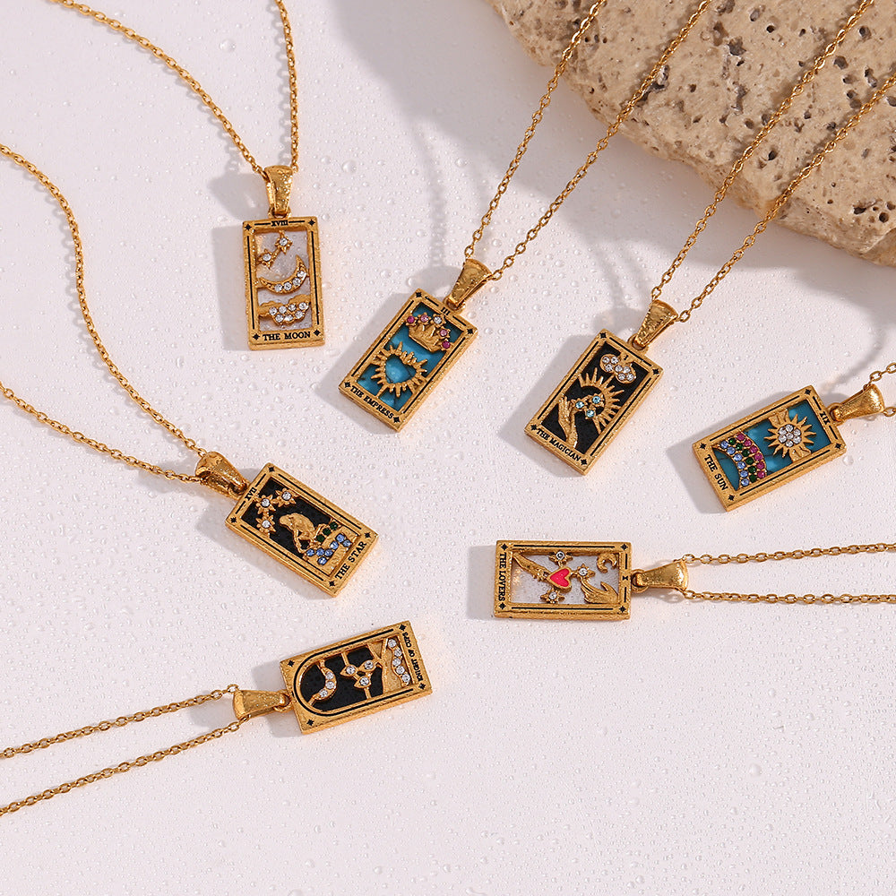 Ins Fashion Rectangular Oil Drip Zirconia Tarot Necklace