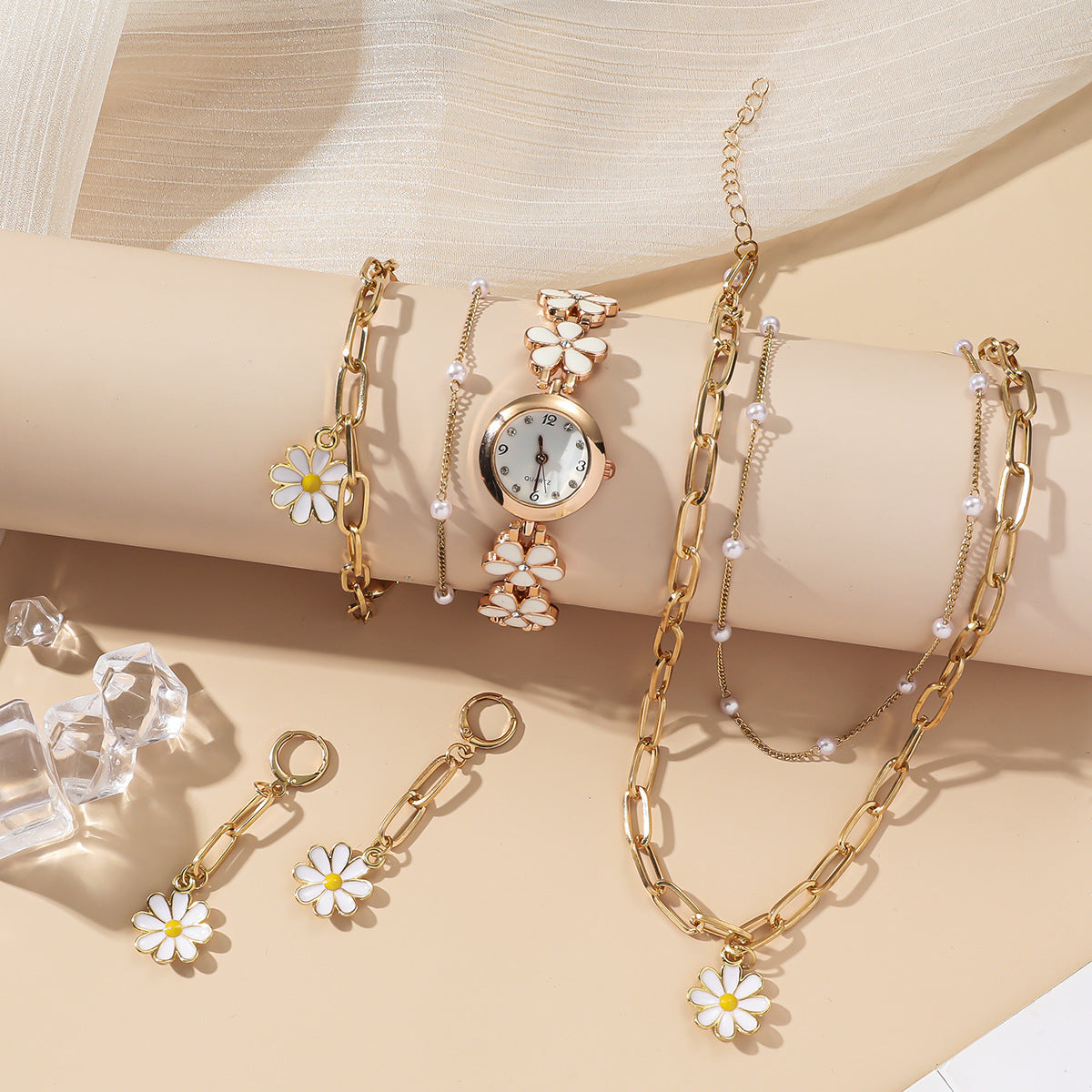 Flower-Backed Oil Chain Quartz Watch & Little Daisy 5 Piece Set Gifts For Women
