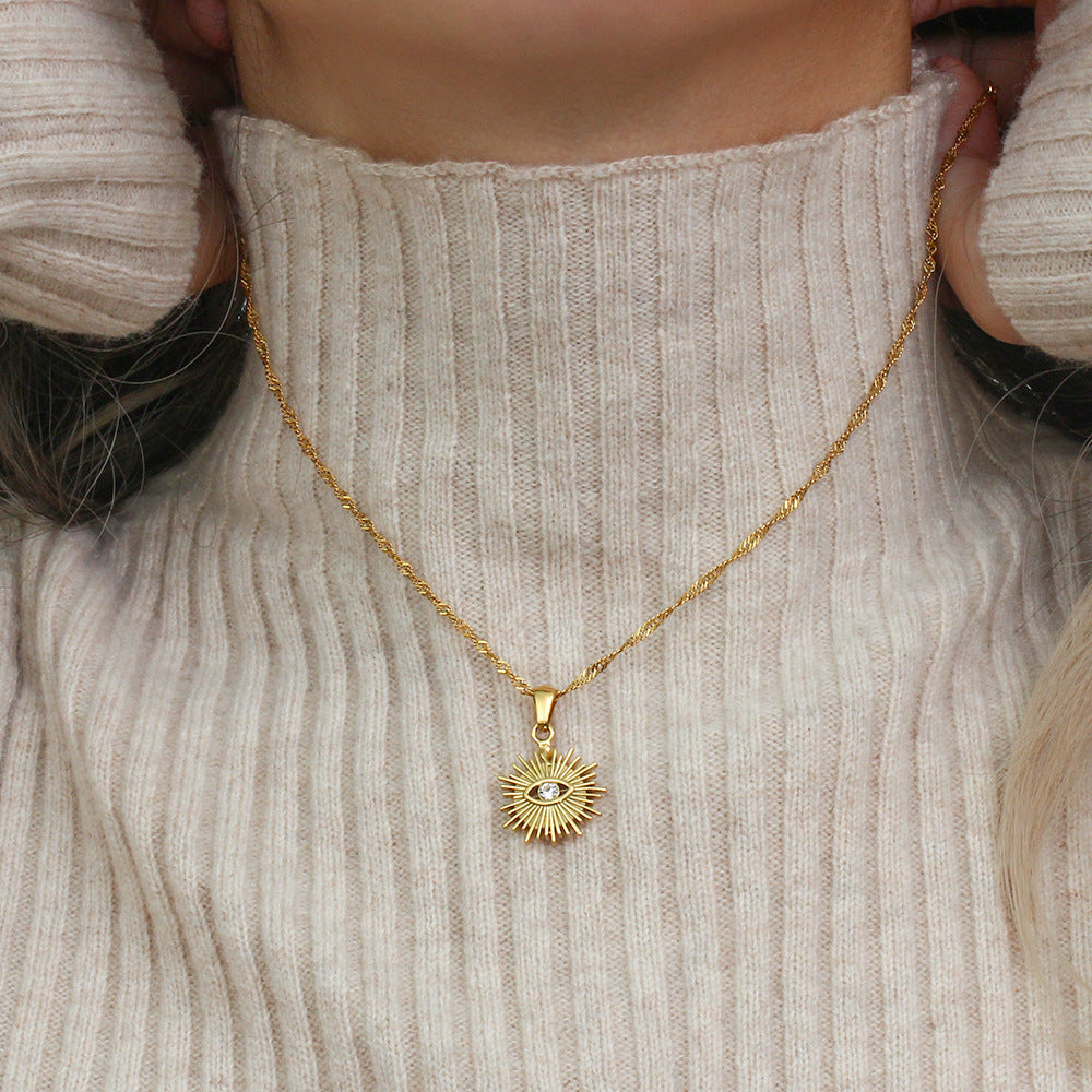 Water Wave Chain Hollow Radiation Diamond Eye Pendant Necklace