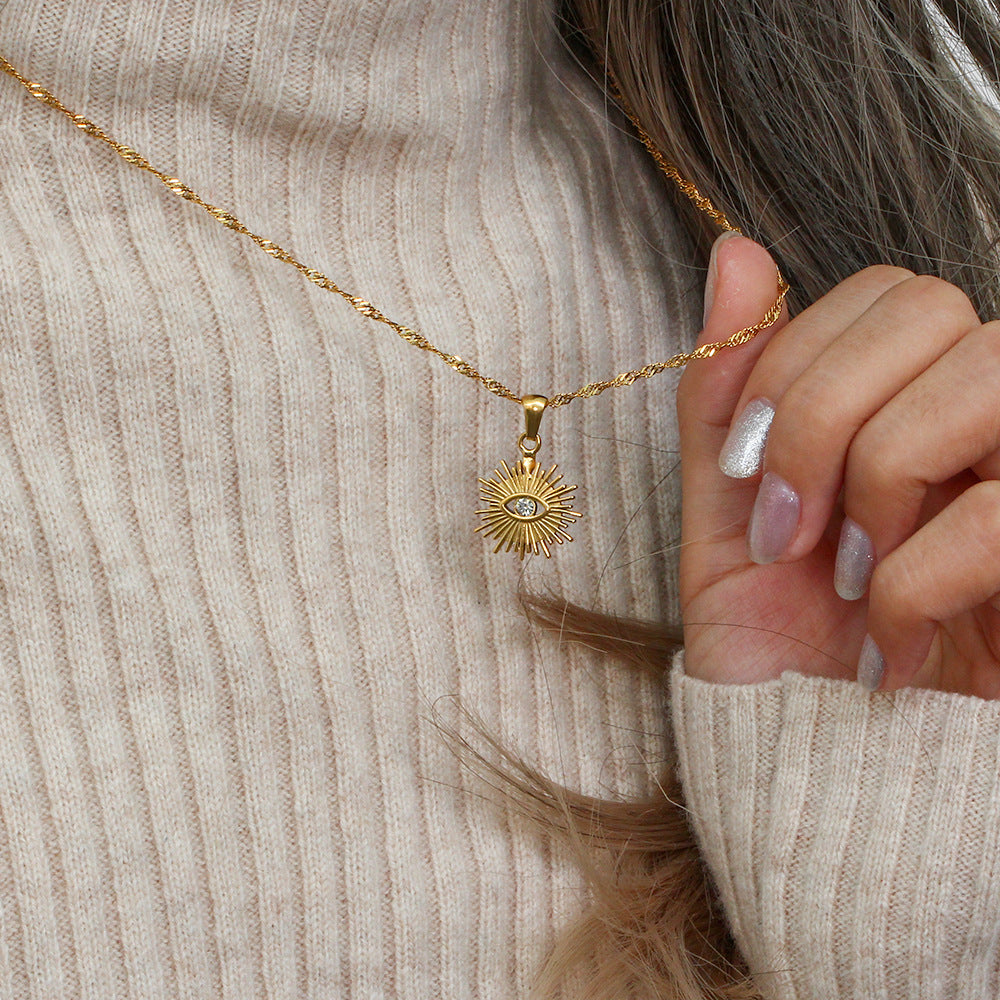 Water Wave Chain Hollow Radiation Diamond Eye Pendant Necklace