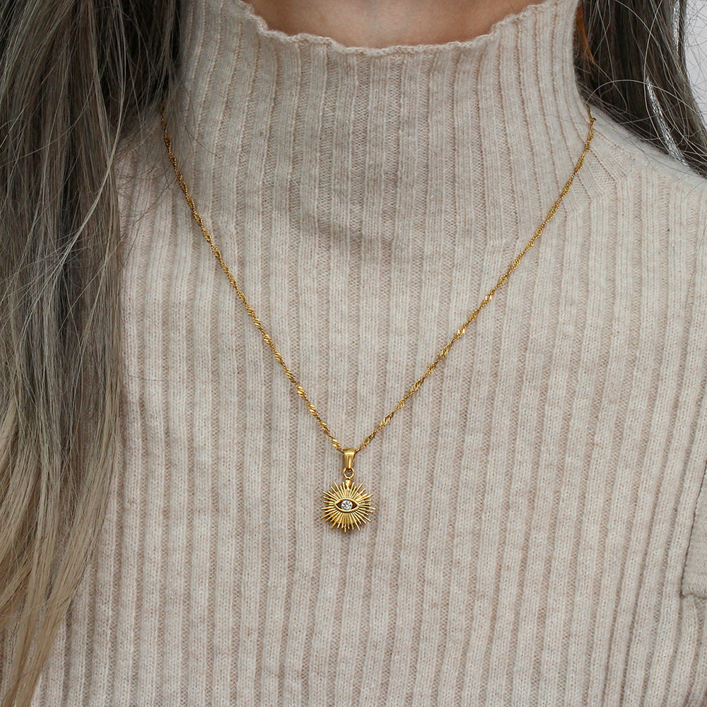 Water Wave Chain Hollow Radiation Diamond Eye Pendant Necklace