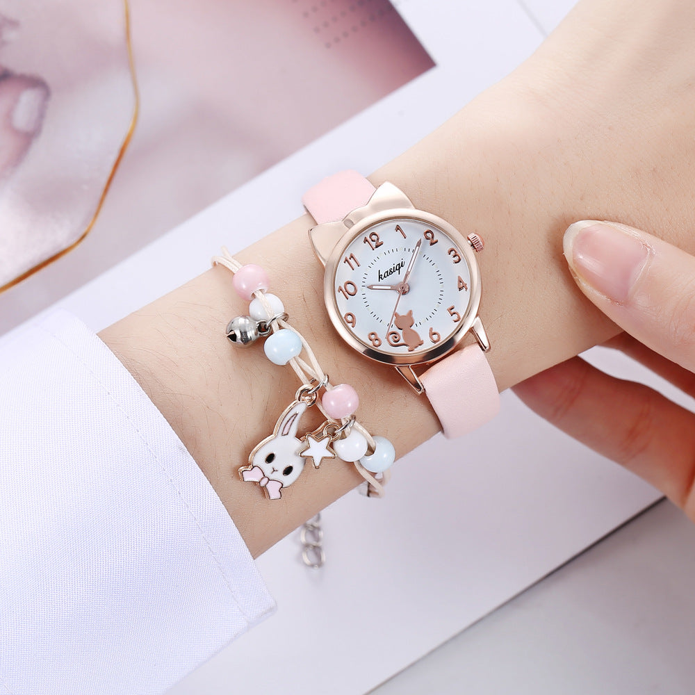 2pcs/set Kids Girl Heart Animal Dial Belt Quartz Watch + Rabbit Bracelet