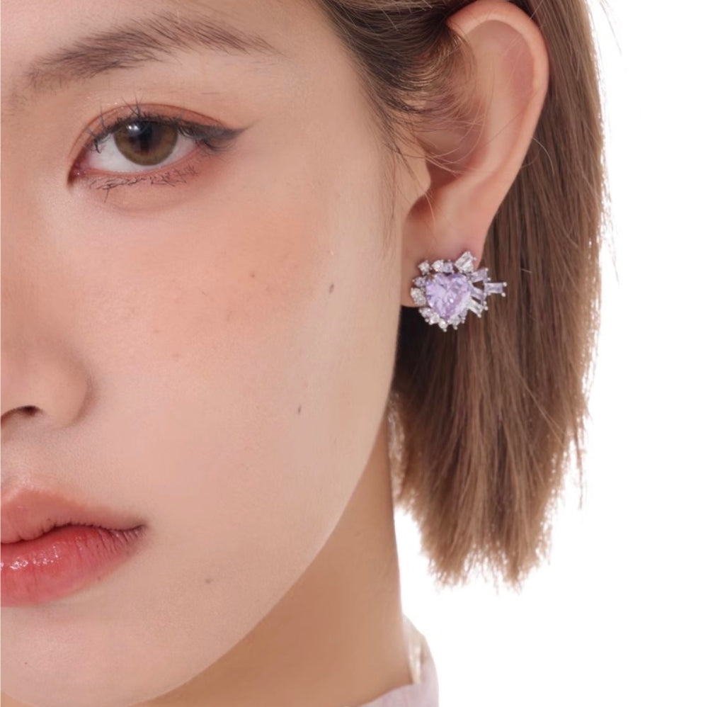 Mysterious Series Romantic Purple Silver Hypoallergenic Heart Earrings For Women
