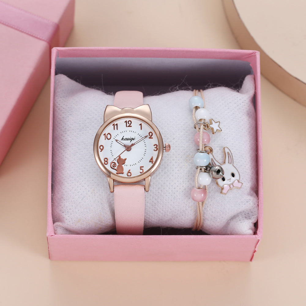 2pcs/set Kids Girl Heart Animal Dial Belt Quartz Watch + Rabbit Bracelet