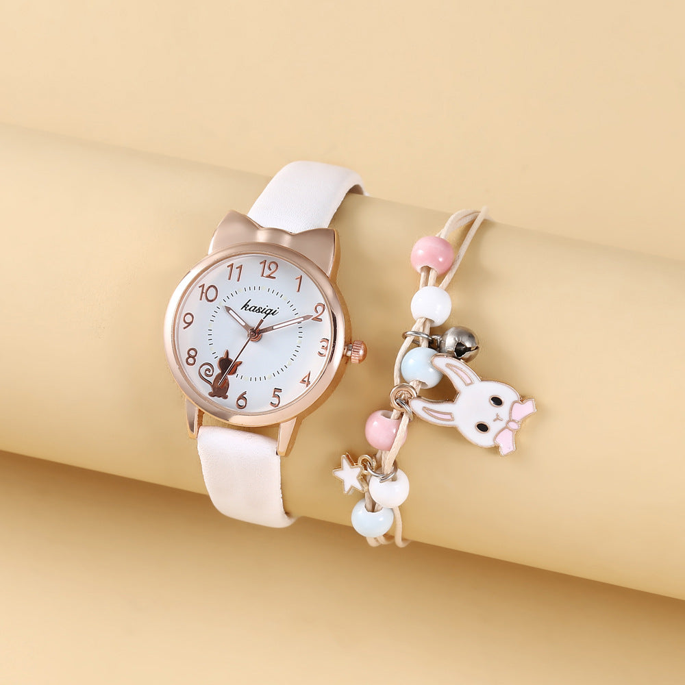 2pcs/set Kids Girl Heart Animal Dial Belt Quartz Watch + Rabbit Bracelet