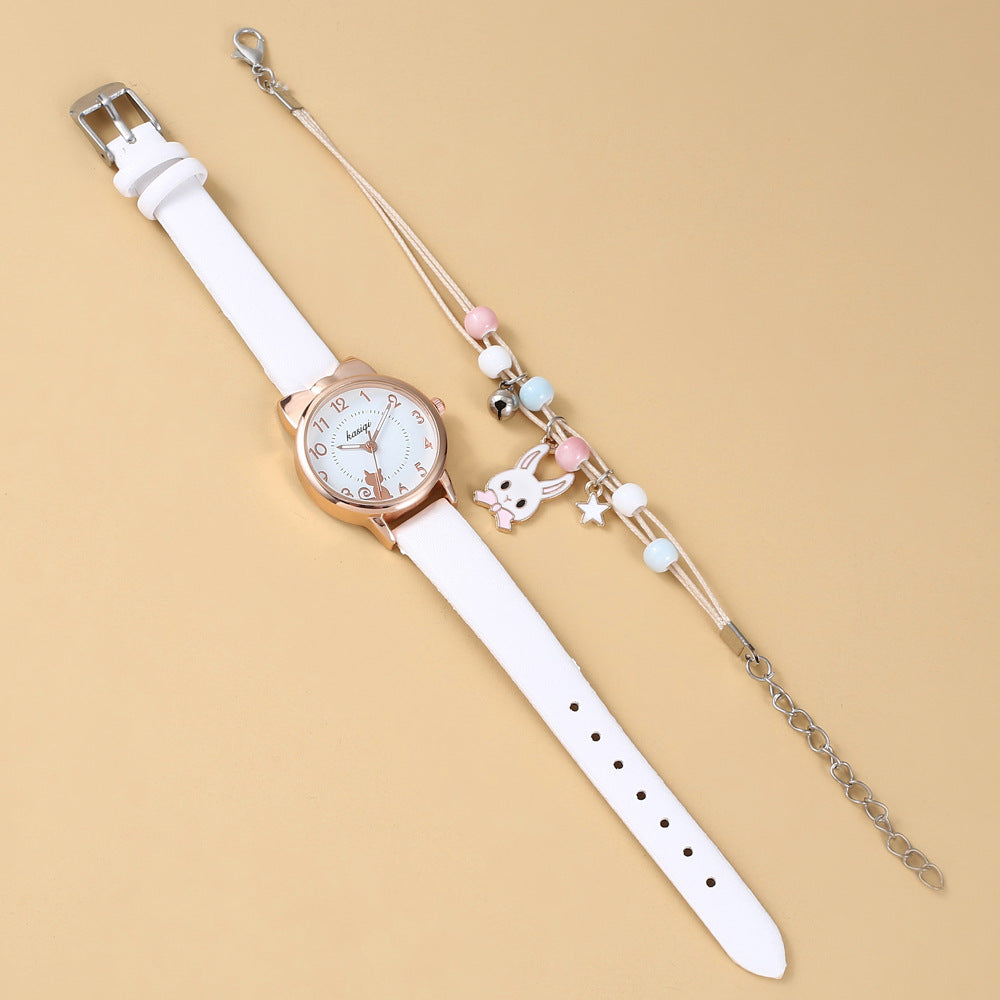 2pcs/set Kids Girl Heart Animal Dial Belt Quartz Watch + Rabbit Bracelet