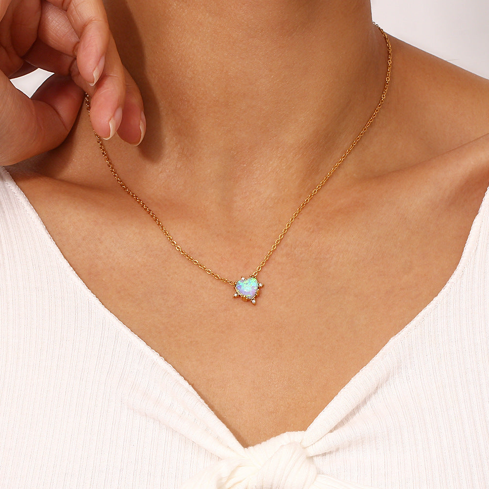 Gold Plated Heart Opal Pendant Necklace Earrings Stud Bracelet Set Gifts For Women