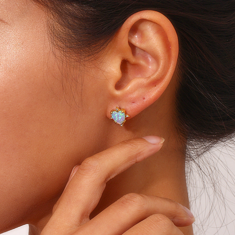 Gold Plated Heart Opal Pendant Necklace Earrings Stud Bracelet Set Gifts For Women