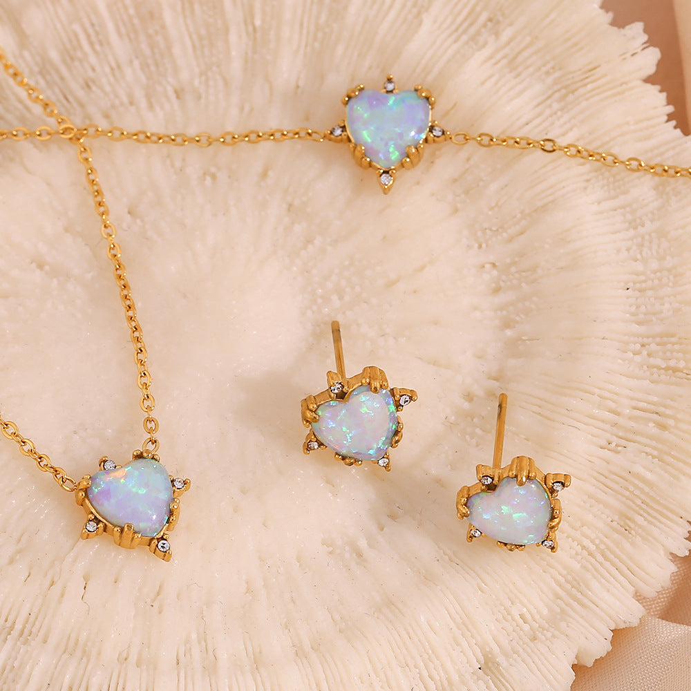 Gold Plated Heart Opal Pendant Necklace Earrings Stud Bracelet Set Gifts For Women