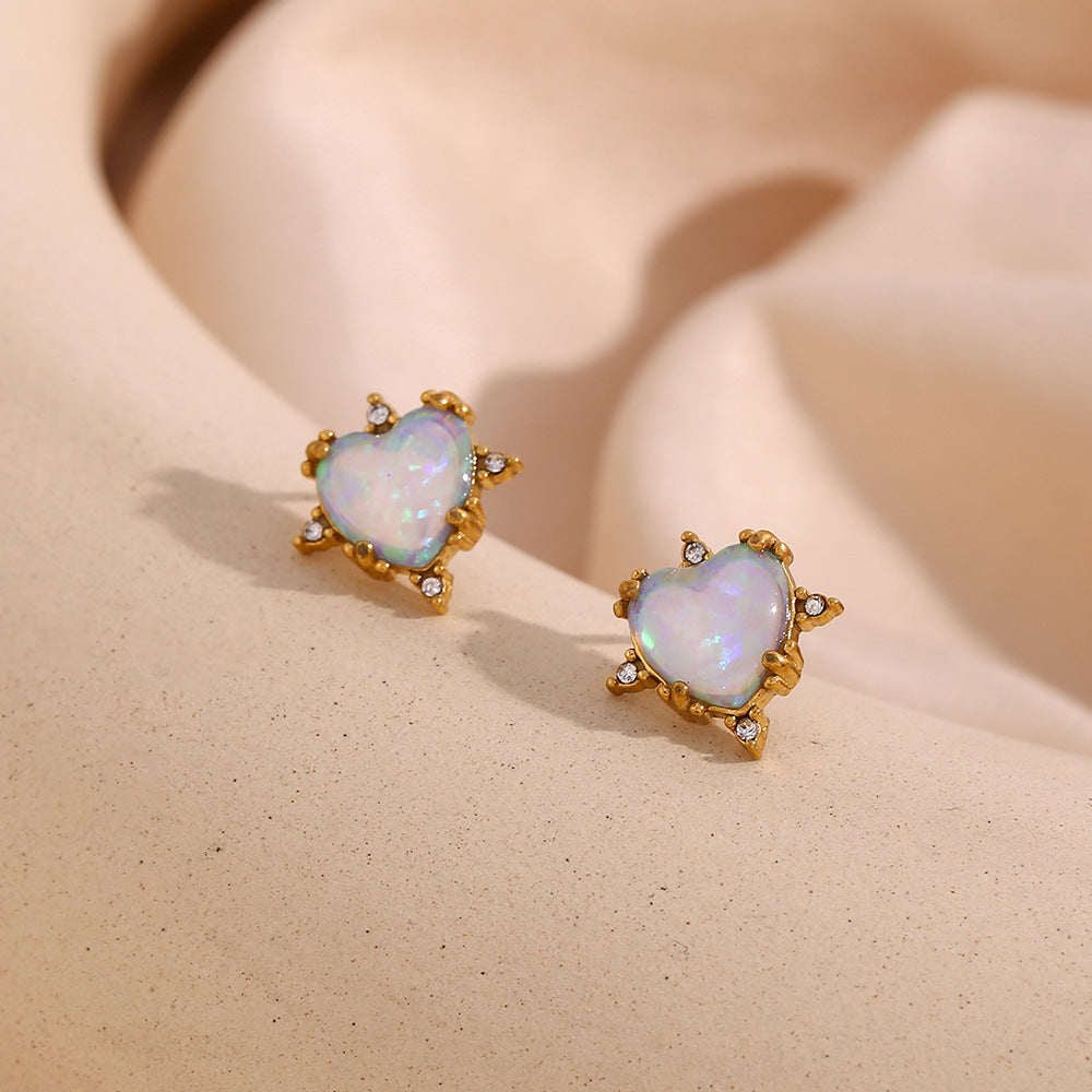 Gold Plated Heart Opal Pendant Necklace Earrings Stud Bracelet Set Gifts For Women