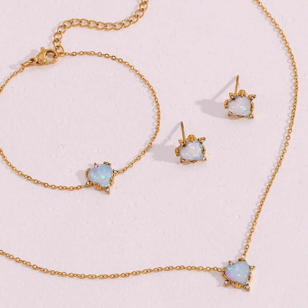 Gold Plated Heart Opal Pendant Necklace Earrings Stud Bracelet Set Gifts For Women