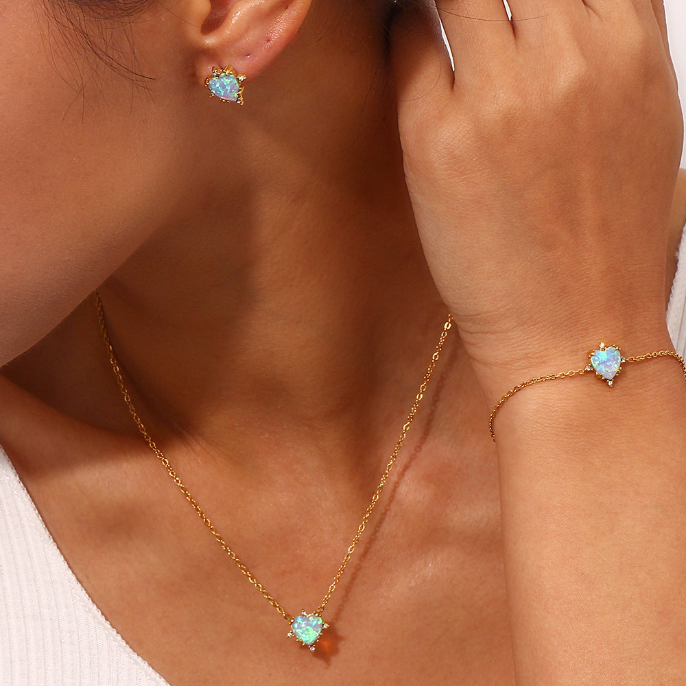 Gold Plated Heart Opal Pendant Necklace Earrings Stud Bracelet Set Gifts For Women