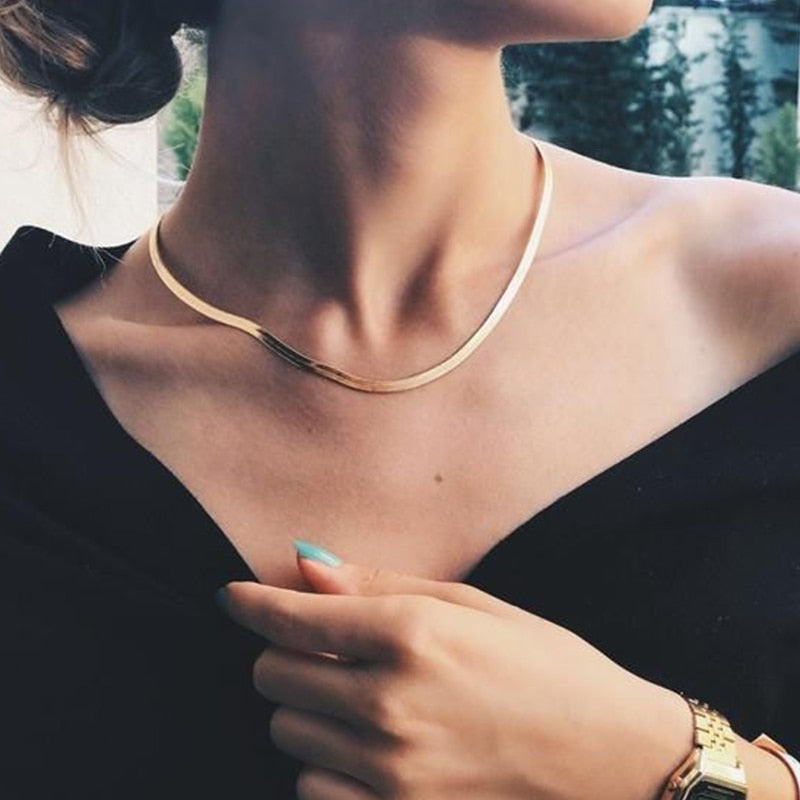 Gold Blade chain Choker Necklace for Women Sexy Flat snake chain Gift