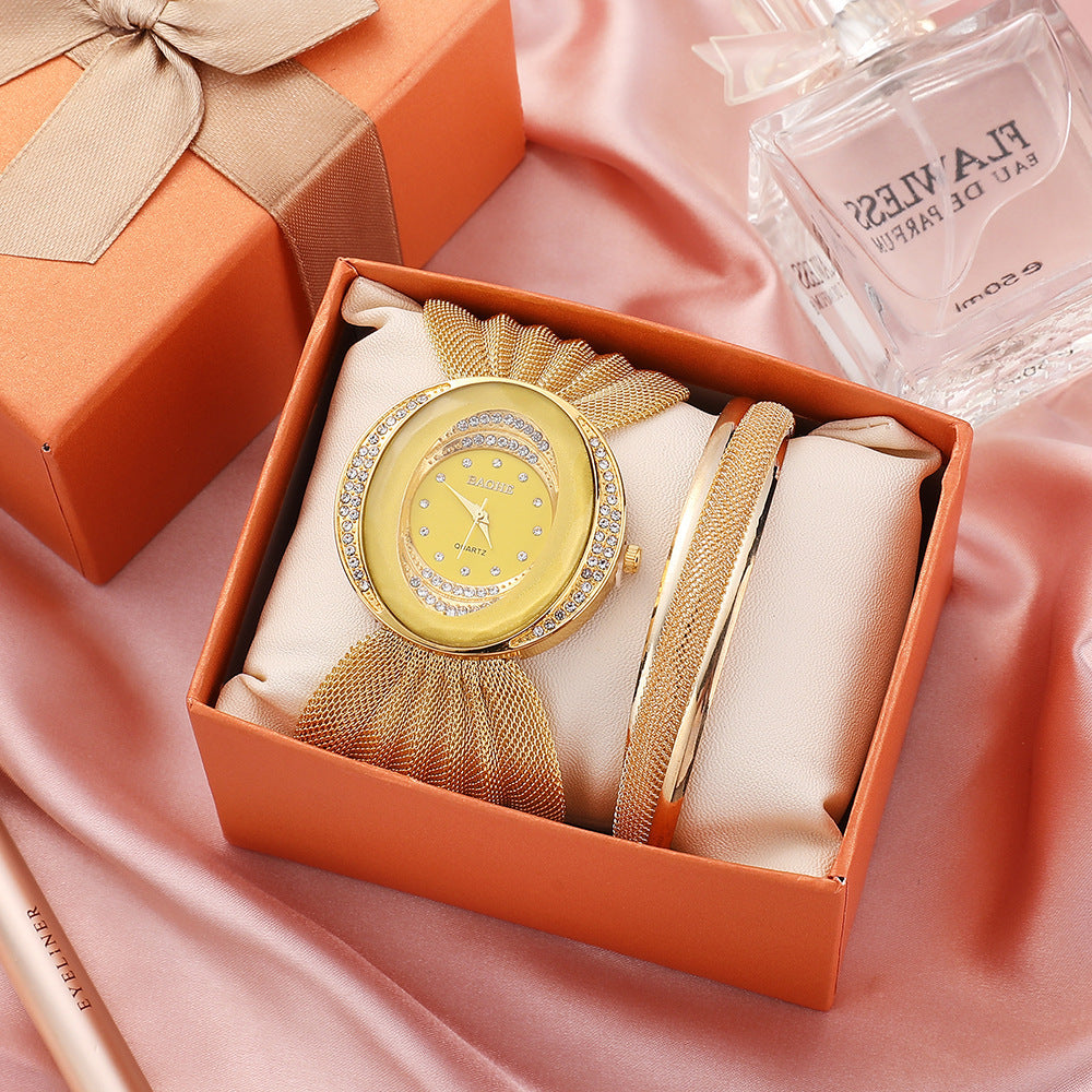 Watch Flower Oval Broadband Gold Mesh Strap Ladies Quartz Watch Set