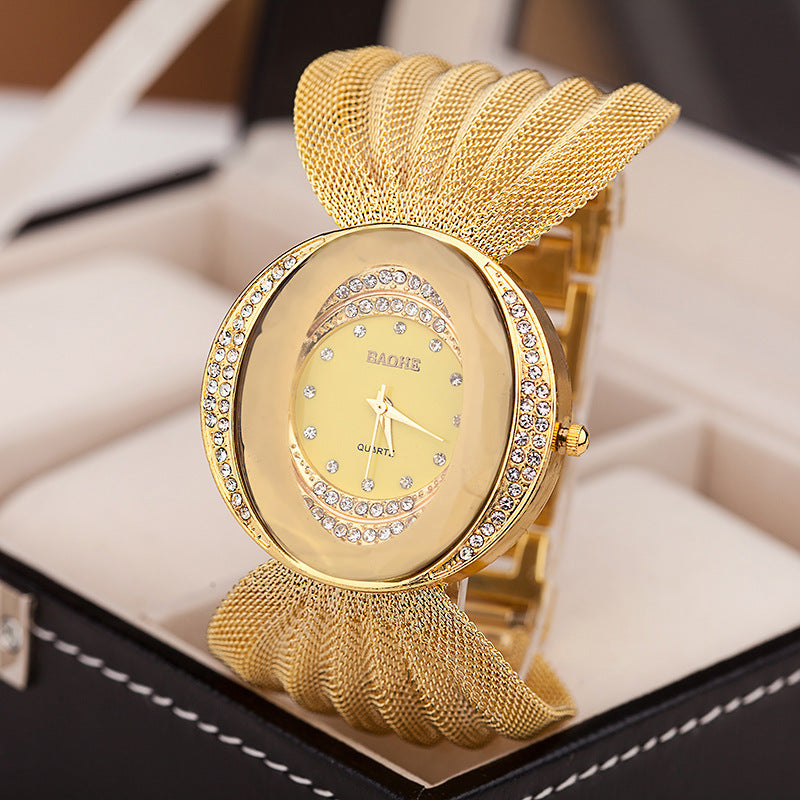 Watch Flower Oval Broadband Gold Mesh Strap Ladies Quartz Watch Set